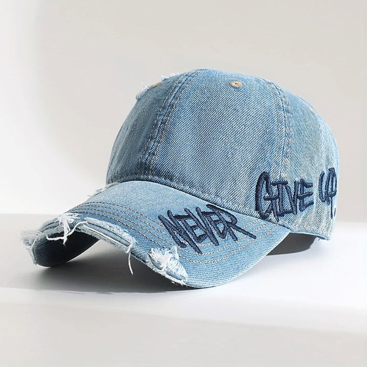 Embroidered Distressed Denim Baseball Cap