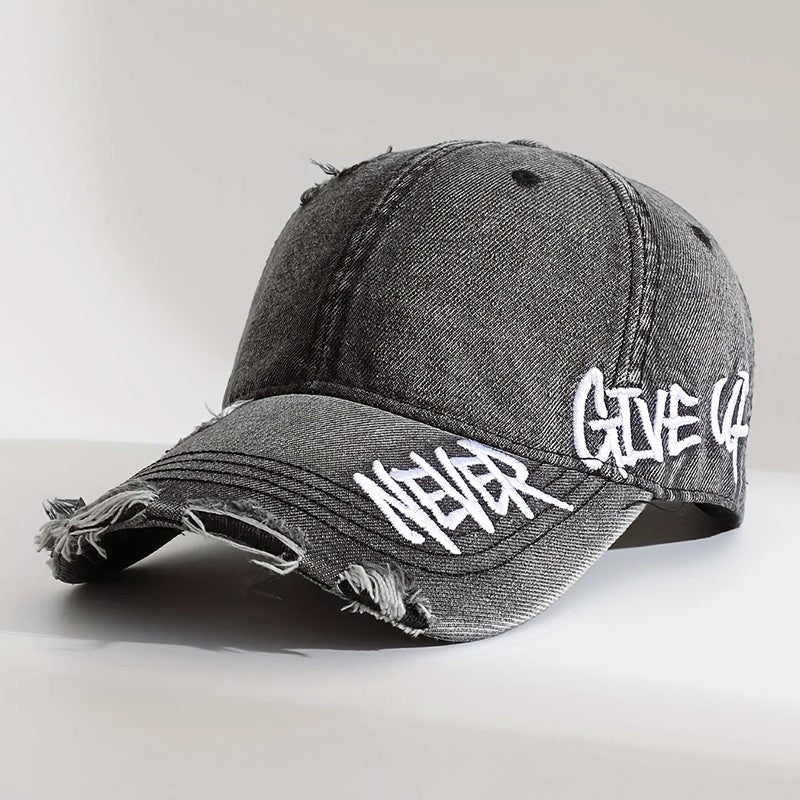 Embroidered Distressed Denim Baseball Cap