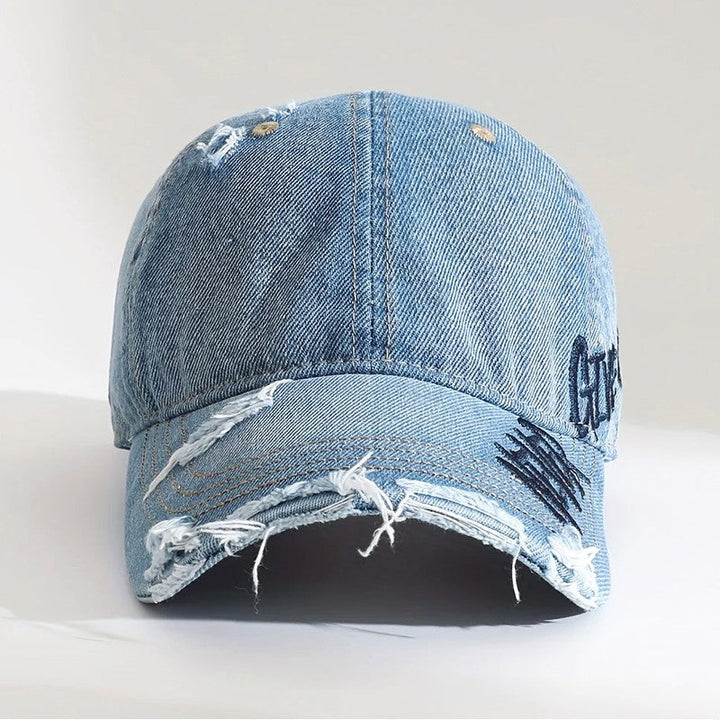 Embroidered Distressed Denim Baseball Cap