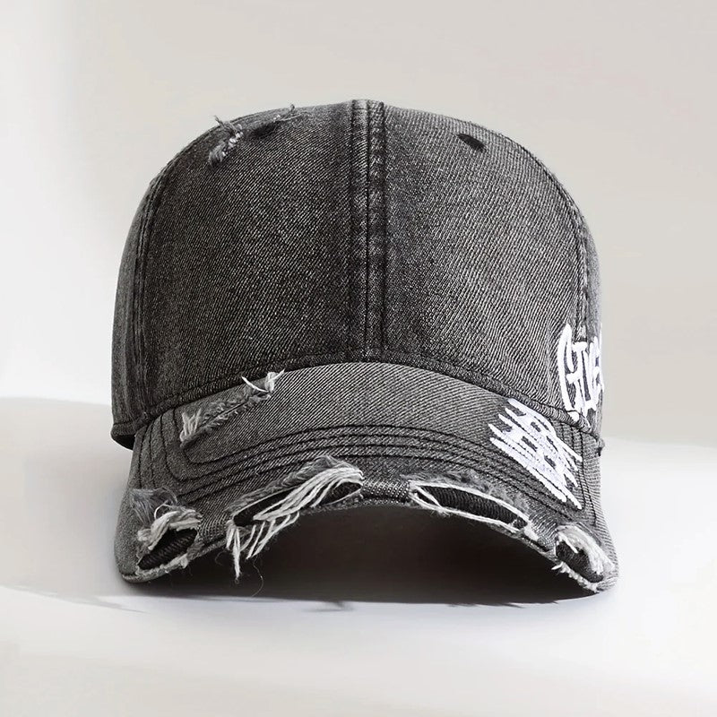Embroidered Distressed Denim Baseball Cap