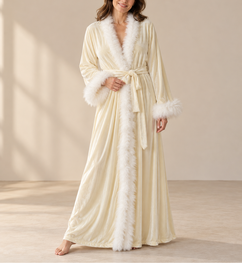 Faye - Women’s Long Robe with Fur Trim and Waist Tie