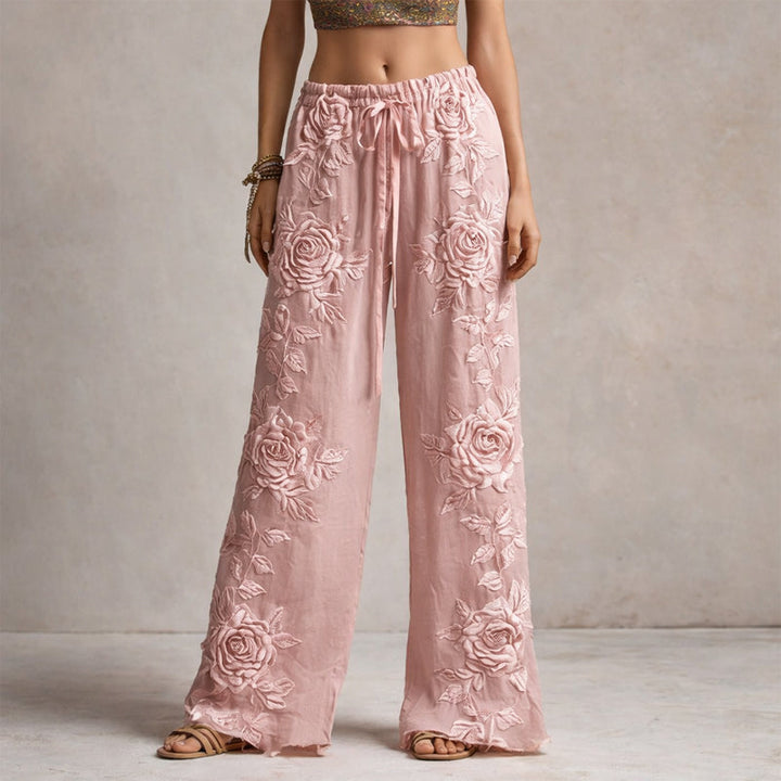 Giulia Bellini Floral Embroidered Wide-Leg Pants