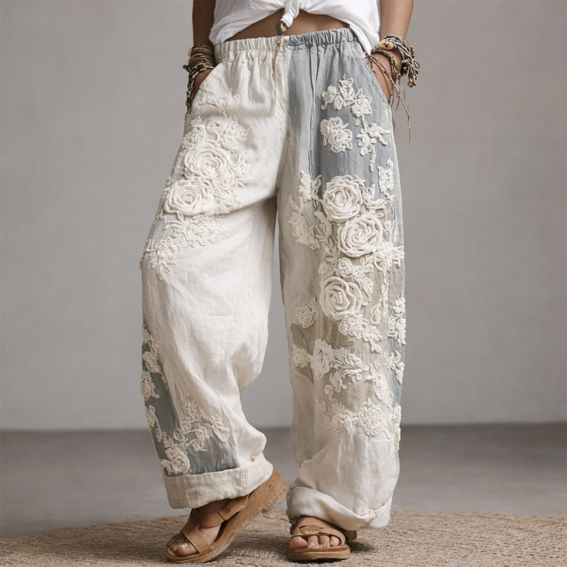 Giulia Bellini Floral Embroidered Wide-Leg Pants