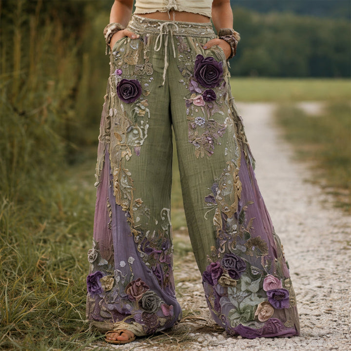 Giulia Bellini Floral Embroidered Wide-Leg Pants