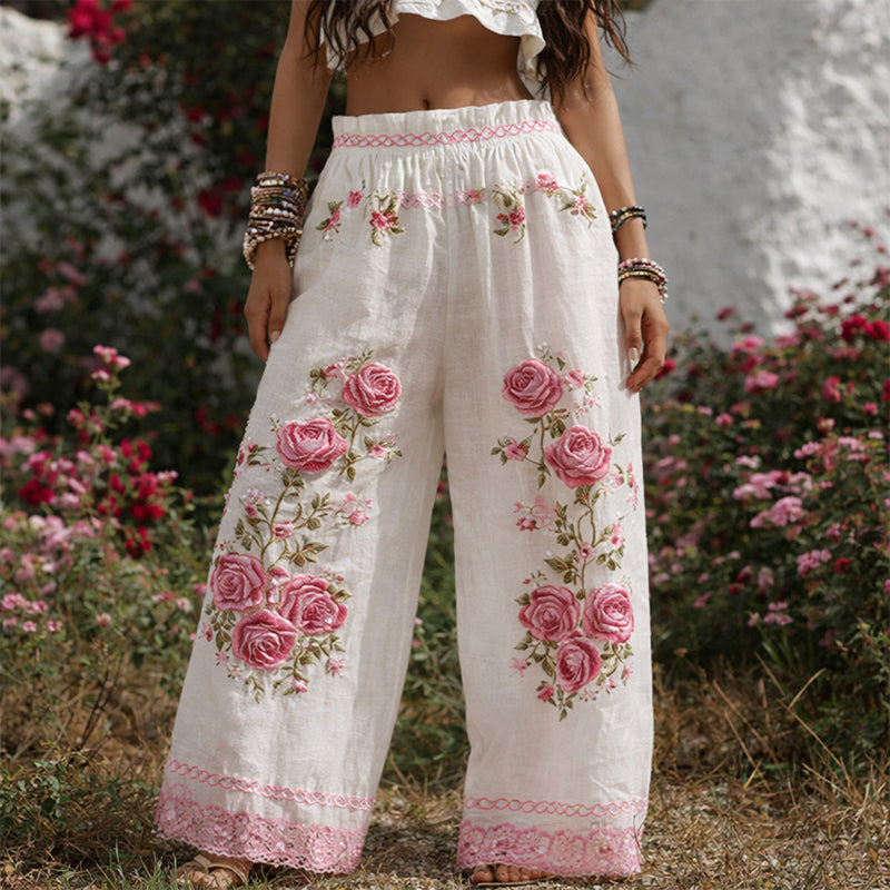 Giulia Bellini Floral Embroidered Wide-Leg Pants