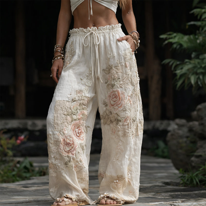 Giulia Bellini Floral Embroidered Wide-Leg Pants