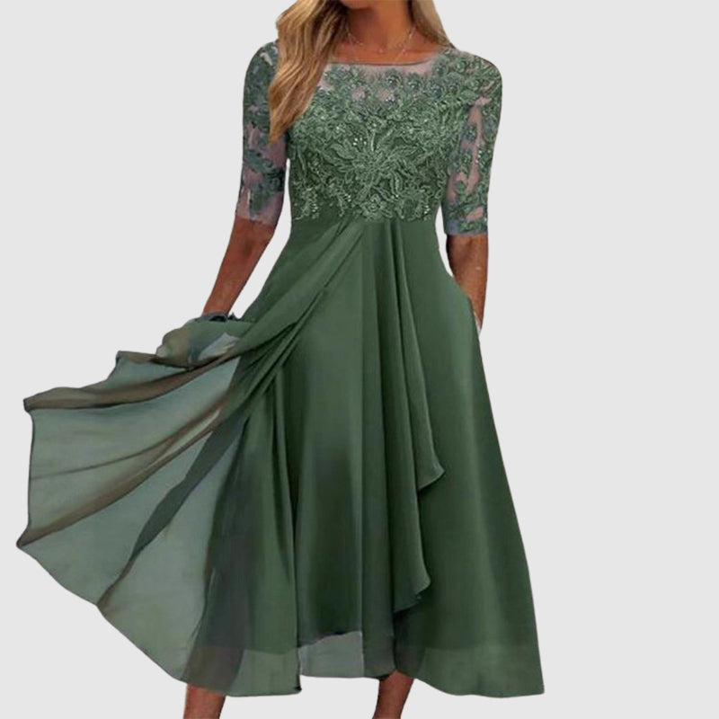 Giulia Bellini Midi Lace Dress with Sheer Sleeves
