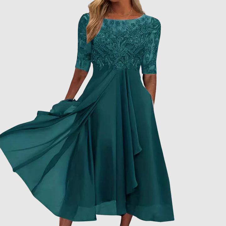 Giulia Bellini Midi Lace Dress with Sheer Sleeves