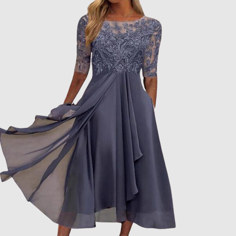 Giulia Bellini Midi Lace Dress with Sheer Sleeves