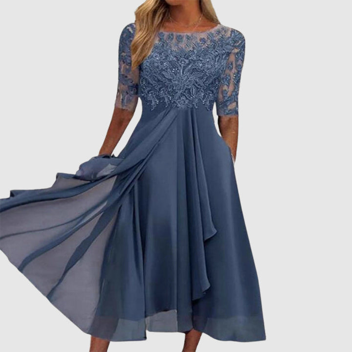 Giulia Bellini Midi Lace Dress with Sheer Sleeves