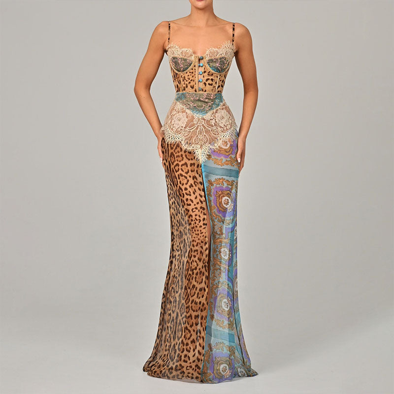Giulia Bellini Patchwork Leopard Print Maxi Dress