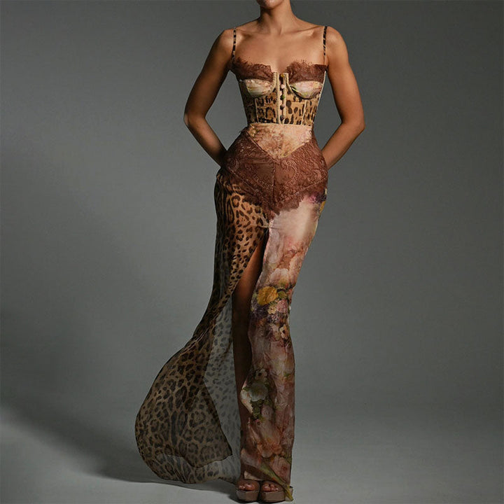 Giulia Bellini Patchwork Leopard Print Maxi Dress