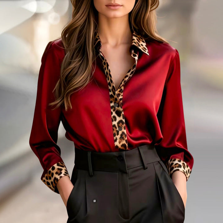 Giulia Bellini Satin Blouse with Leopard Print Trim
