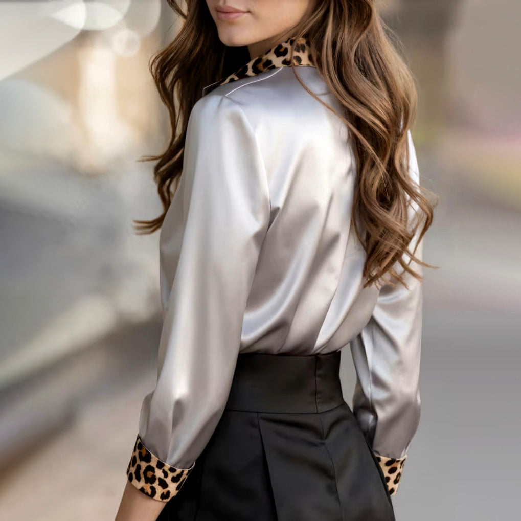 Giulia Bellini Satin Blouse with Leopard Print Trim