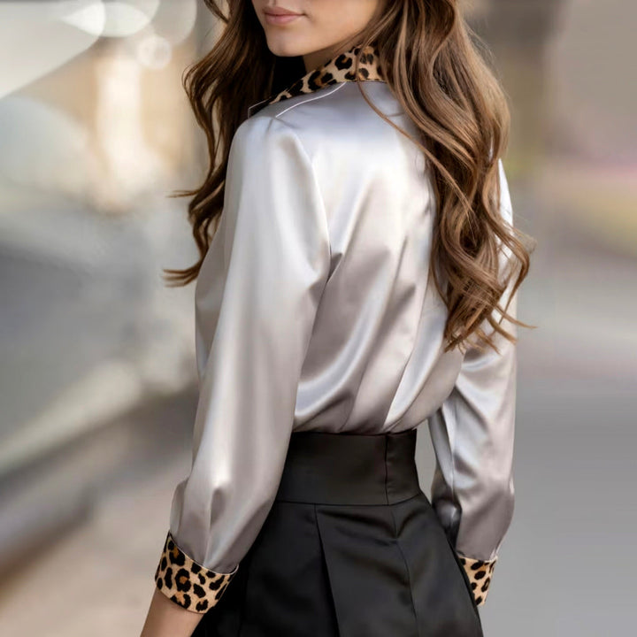 Giulia Bellini Satin Blouse with Leopard Print Trim