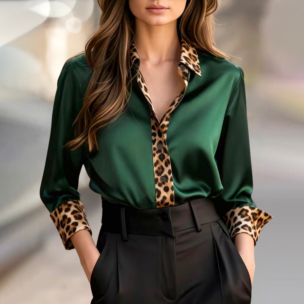 Giulia Bellini Satin Blouse with Leopard Print Trim