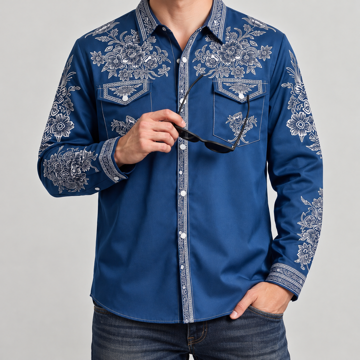 Jason - Men's Floral Embroidery Western Button-Down Shirt