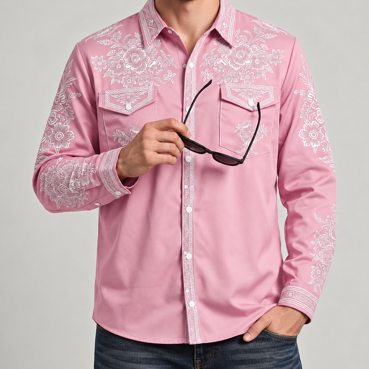 Jason - Men's Floral Embroidery Western Button-Down Shirt