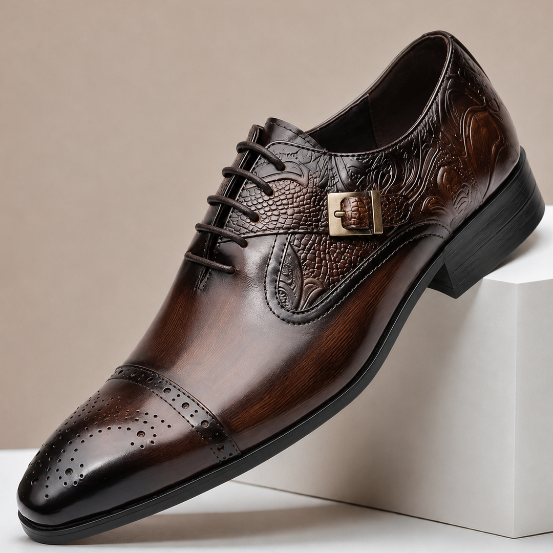 Raymond - Men's Embossed Leather Oxfords with Buckle Detail