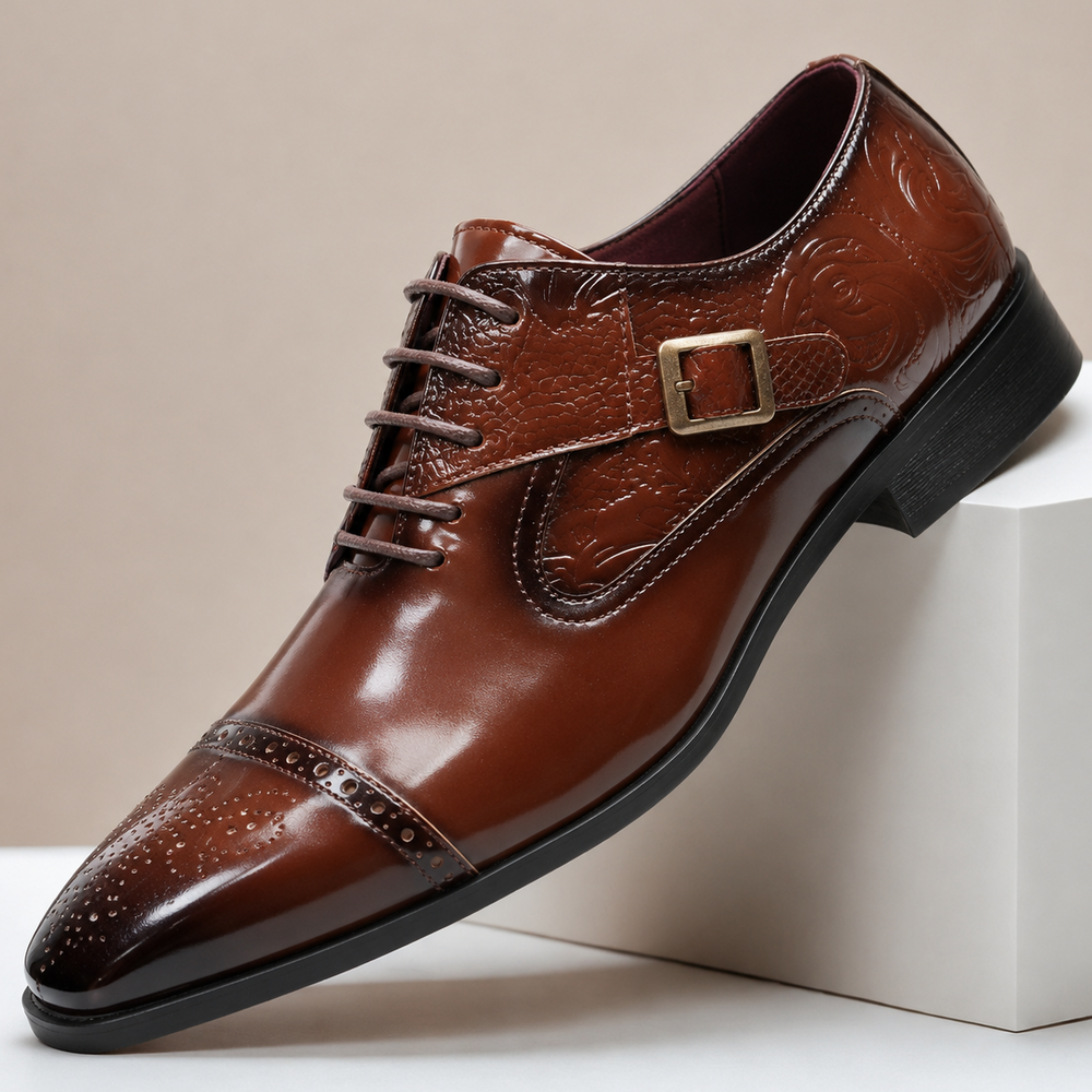 Raymond - Men's Embossed Leather Oxfords with Buckle Detail