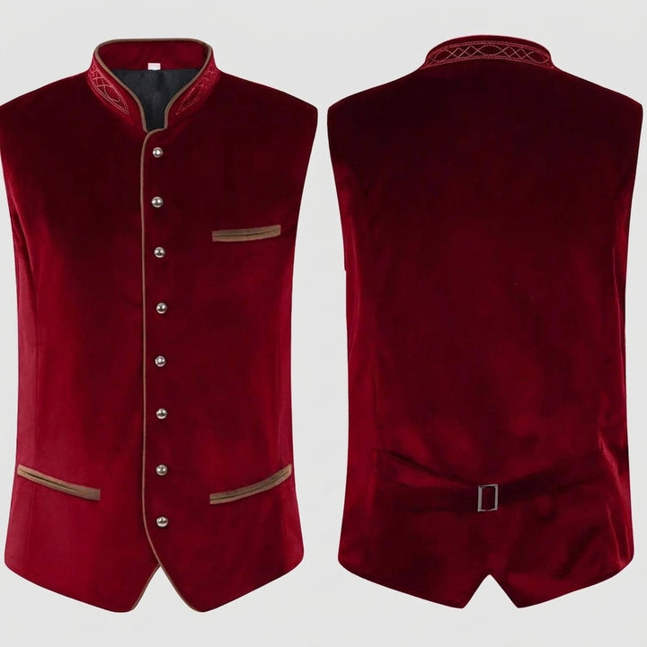 Ismael - Men's Button-Front Velvet Vest with Embroidered Stand Collar