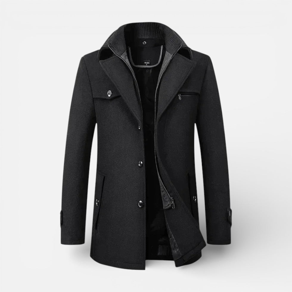 Alvin - Men's Button-Front Wool-Blend Coat with Stand Collar