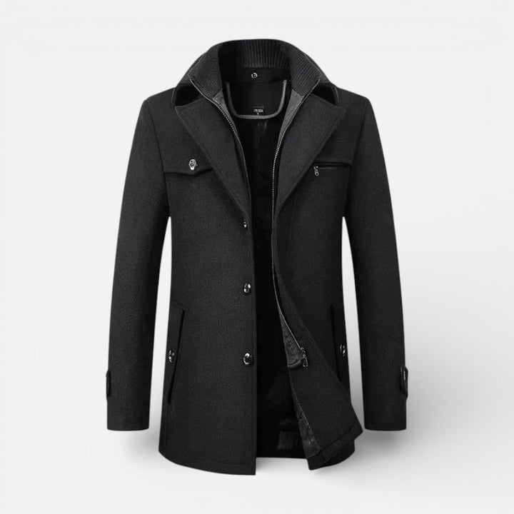 Alvin - Men's Button-Front Wool-Blend Coat with Stand Collar