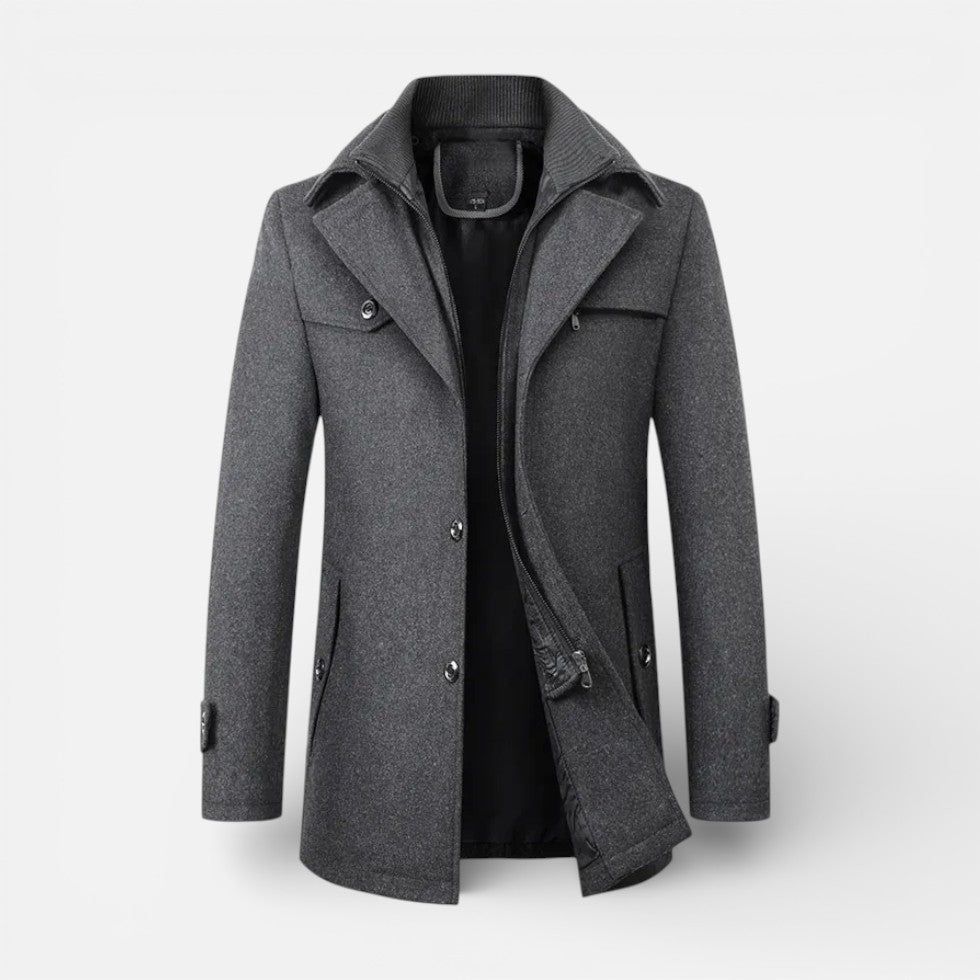 Alvin - Men's Button-Front Wool-Blend Coat with Stand Collar