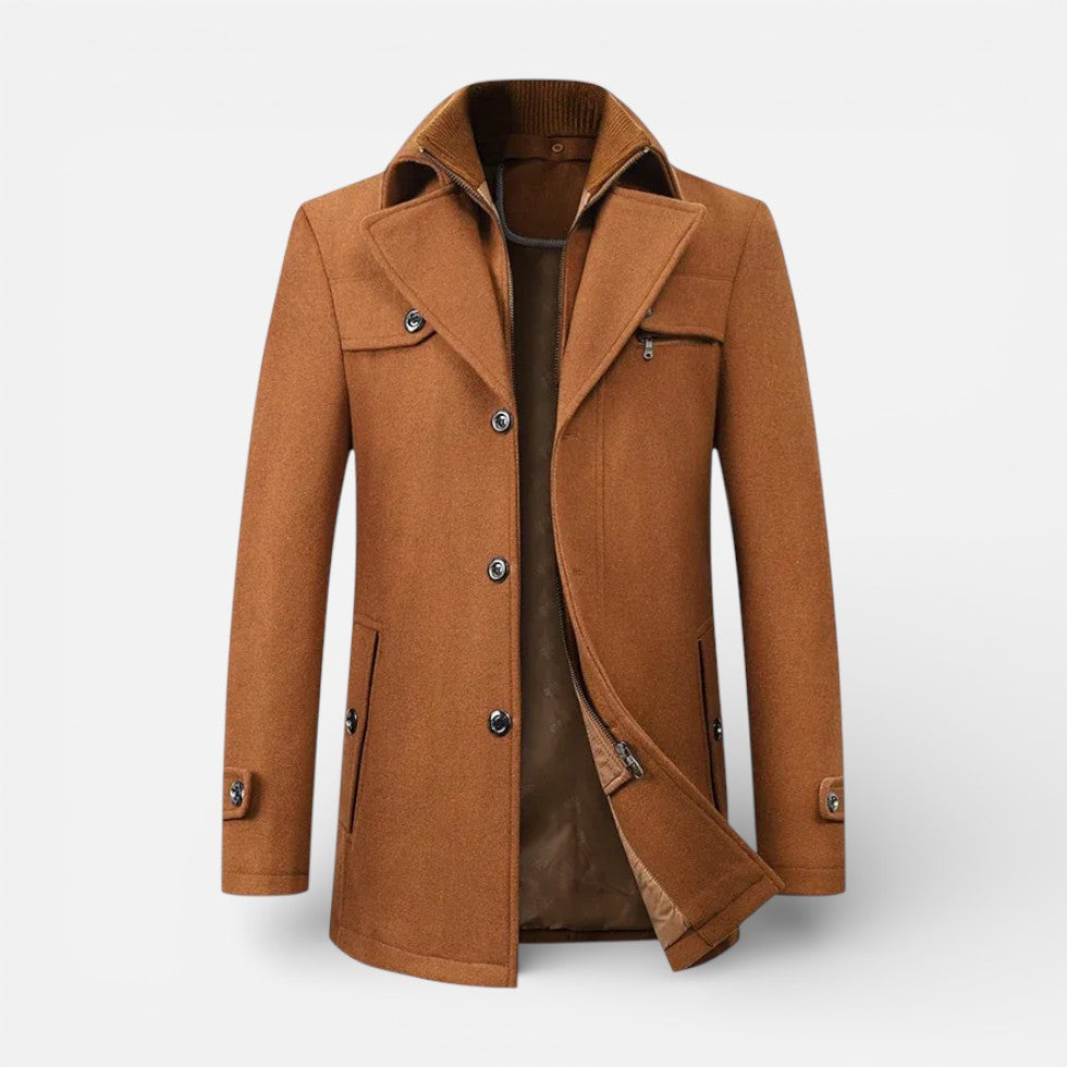 Alvin - Men's Button-Front Wool-Blend Coat with Stand Collar