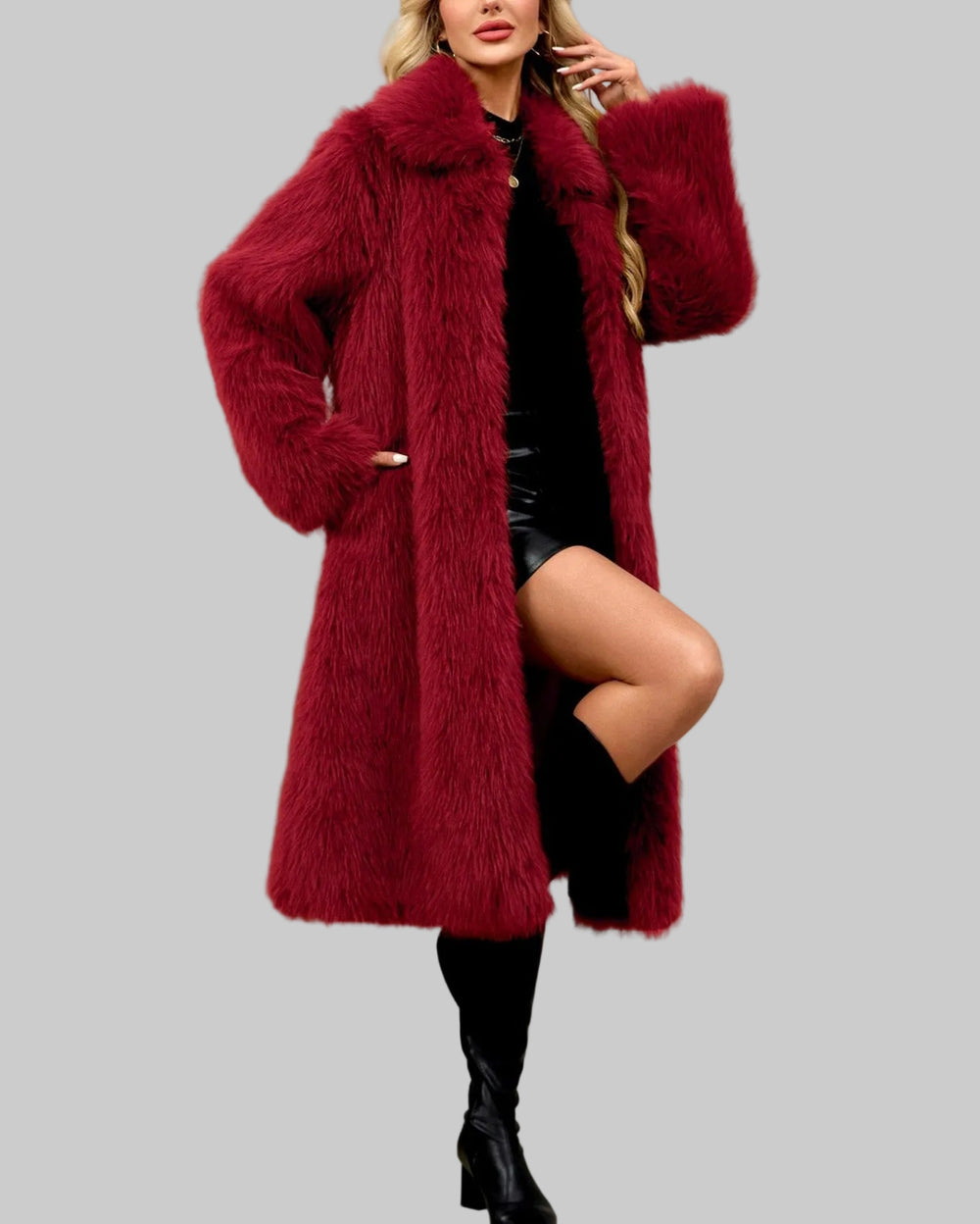 Amara - Women's Long Faux Fur Coat with Wide Collar 24