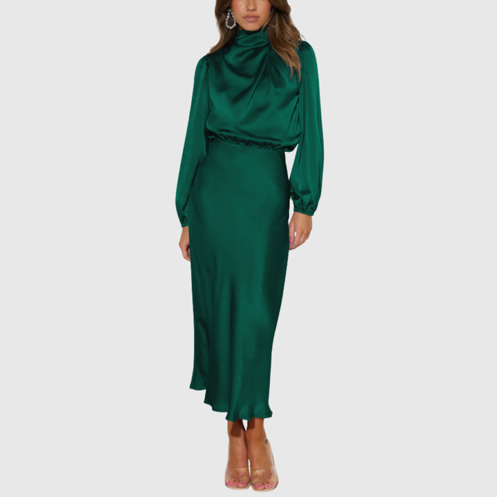 Camila - Women's High-Neck Satin Long Sleeve Maxi Dress
