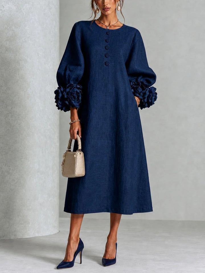 Camille - Women's Button-Front A-Line Dress with Blooming Cuffs