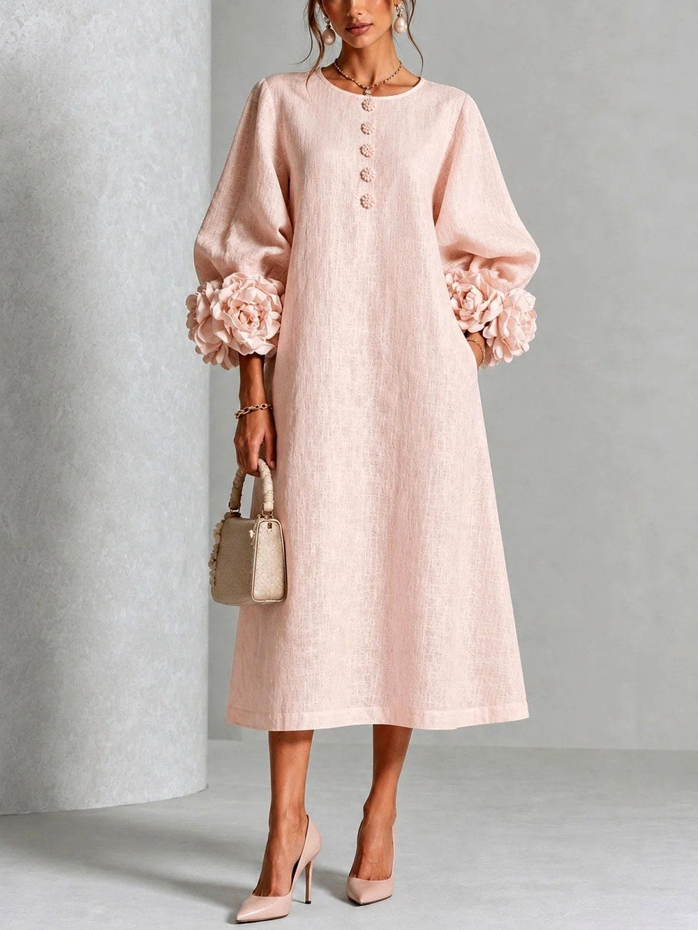 Camille - Women's Button-Front A-Line Dress with Blooming Cuffs