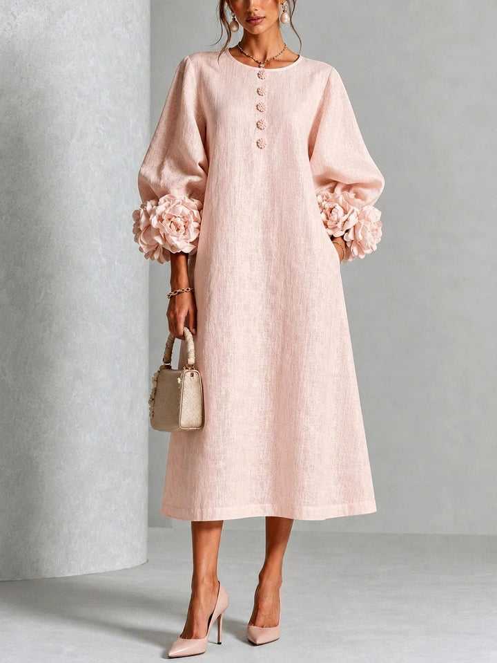 Camille - Women's Button-Front A-Line Dress with Blooming Cuffs