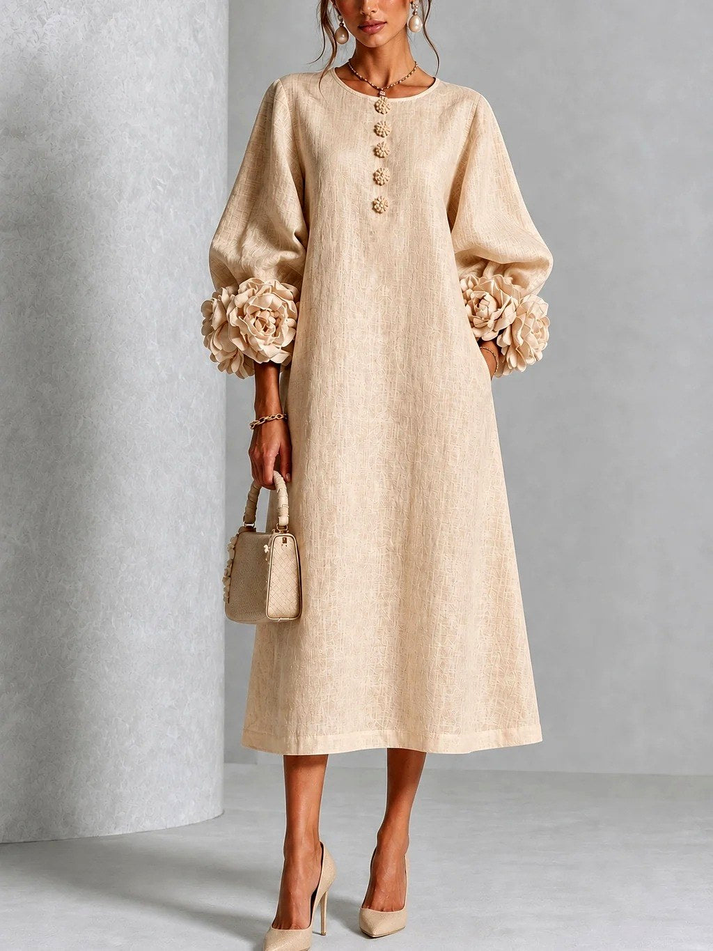 Camille - Women's Button-Front A-Line Dress with Blooming Cuffs