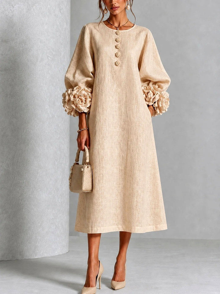 Camille - Women's Button-Front A-Line Dress with Blooming Cuffs