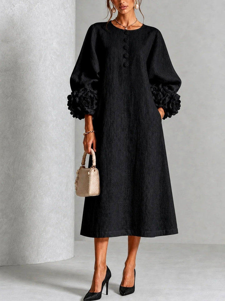 Camille - Women's Button-Front A-Line Dress with Blooming Cuffs
