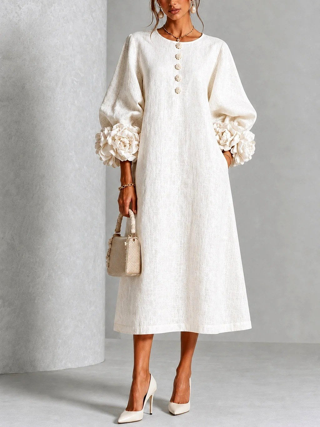 Camille - Women's Button-Front A-Line Dress with Blooming Cuffs
