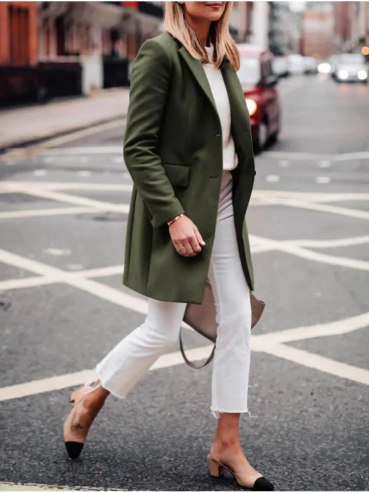 Camille - Women's Single-Breasted Longline Coat with Notch Lapels