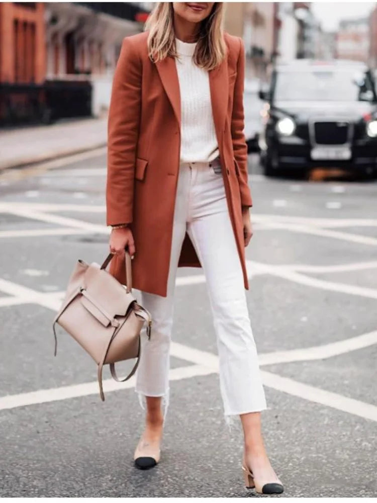 Camille - Women's Single-Breasted Longline Coat with Notch Lapels