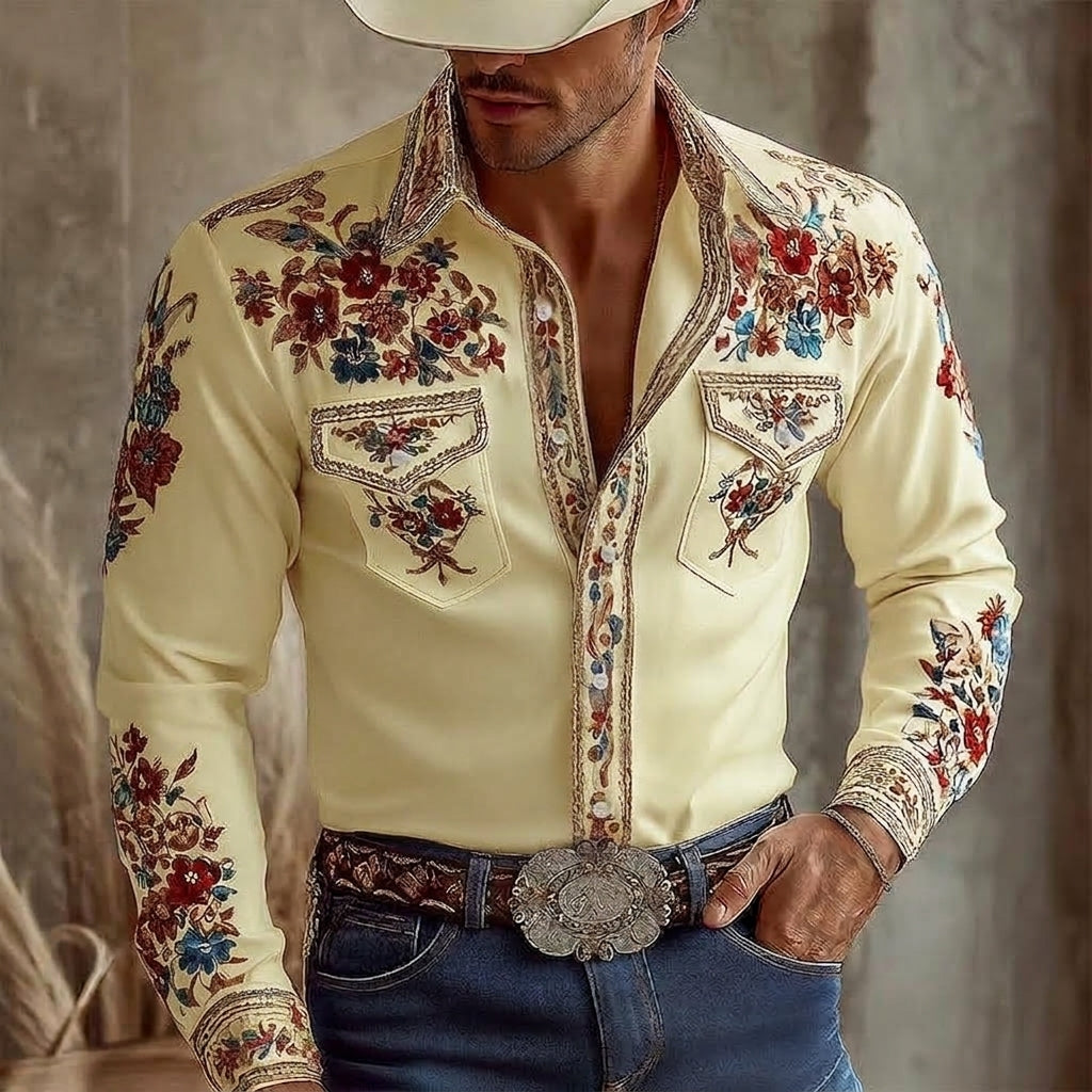 Carl  - Men's Snap-Front Shirt with Floral Embroidered Yoke