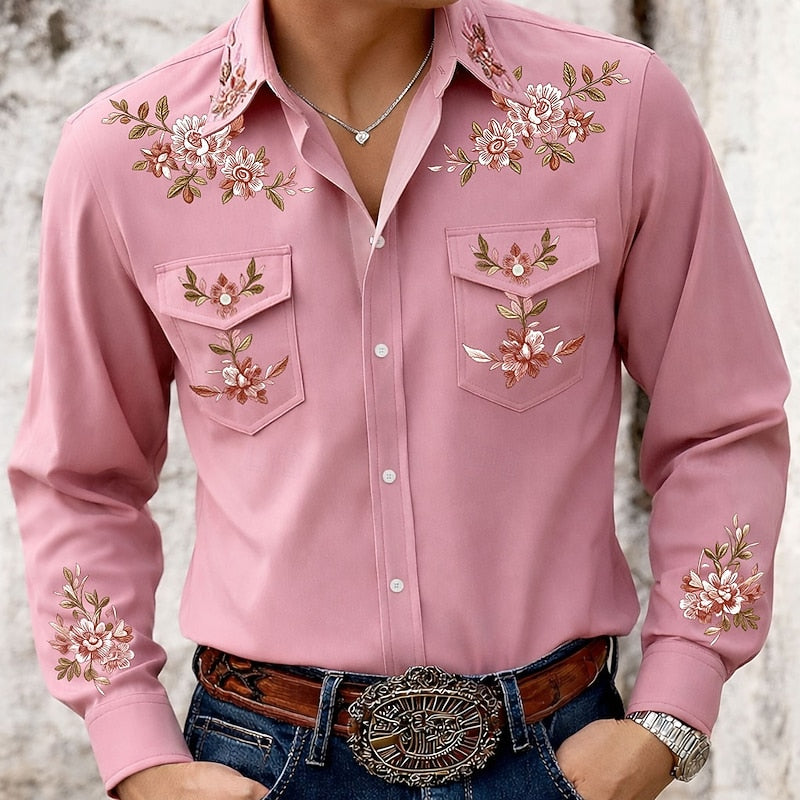 Carl  - Men's Snap-Front Shirt with Floral Embroidered Yoke