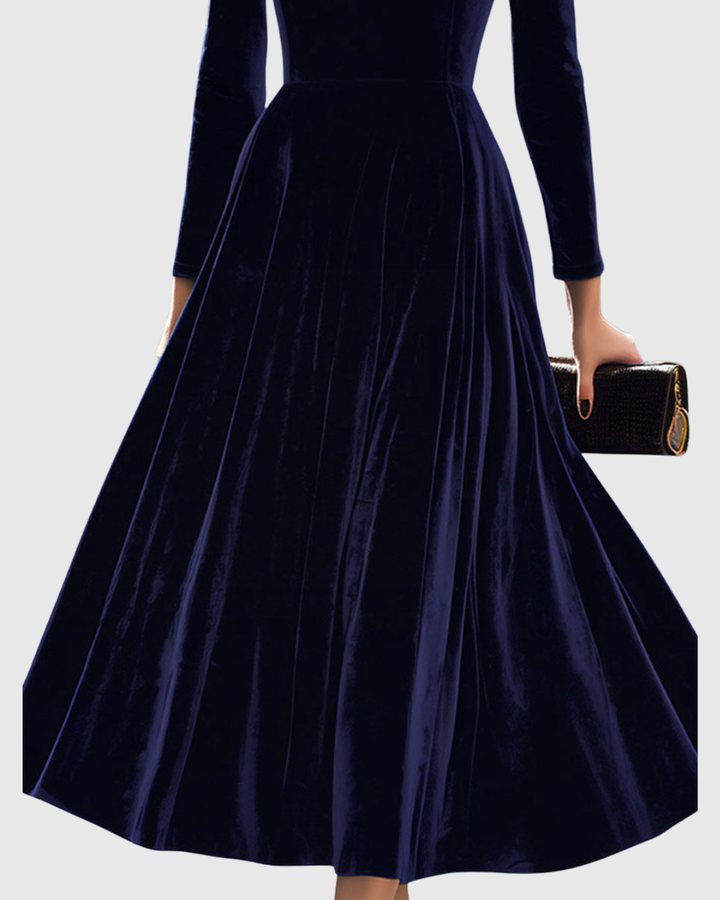 Cecily - Women's Velvet A-Line Midi Dress with Puffed Shoulders