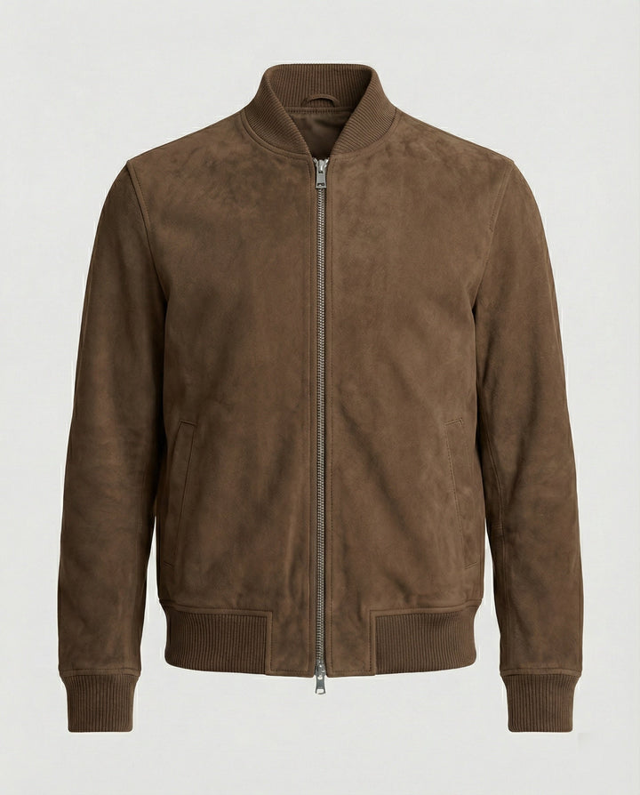 Cody - Men's Suede Bomber Jacket with Ribbed Collar