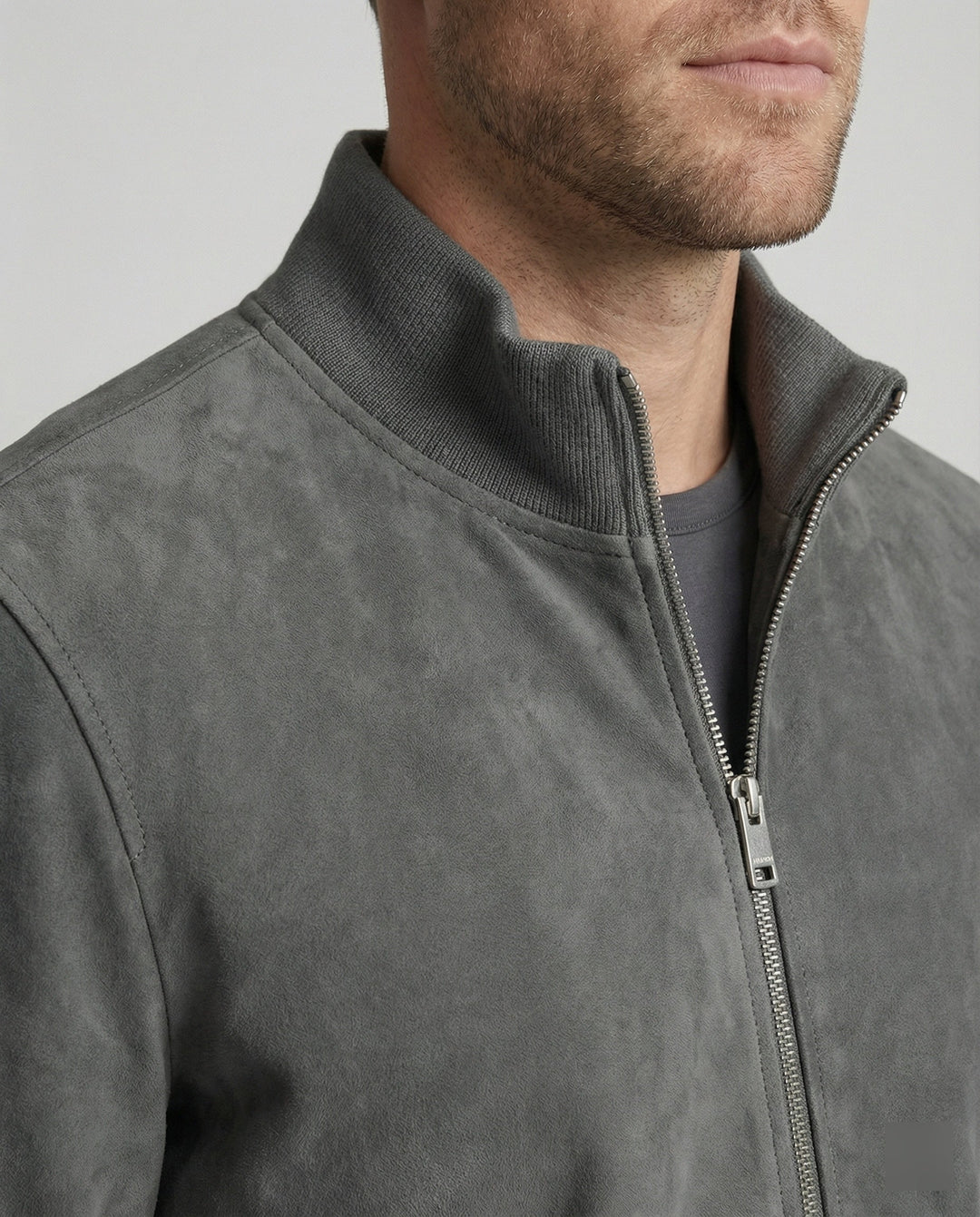 Cody - Men's Suede Bomber Jacket with Ribbed Collar