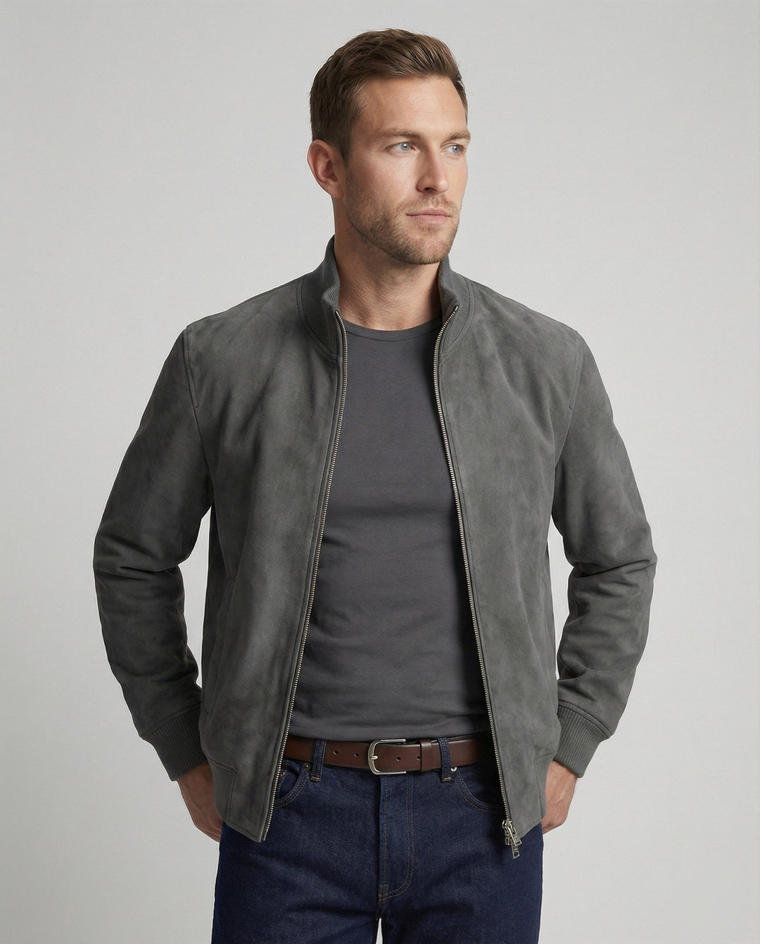 Cody - Men's Suede Bomber Jacket with Ribbed Collar