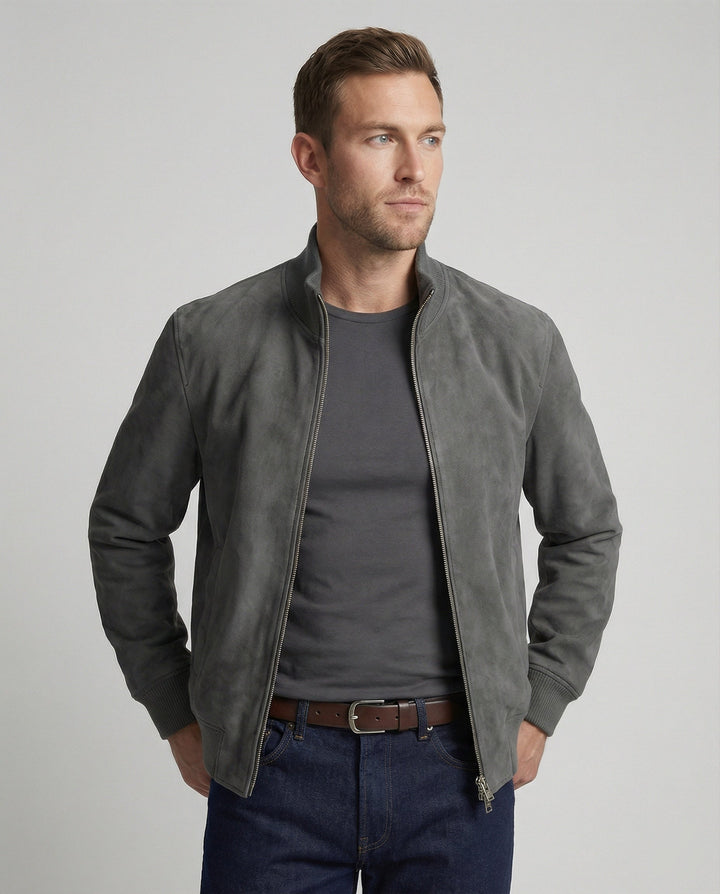 Cody - Men's Suede Bomber Jacket with Ribbed Collar