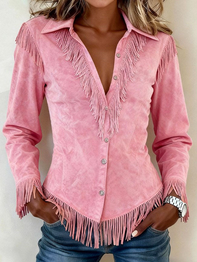 Faye - Women's Faux Suede Fringe Western Shirt
