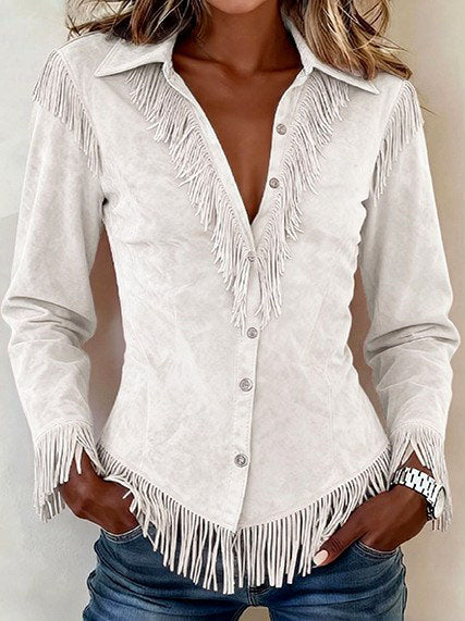Faye - Women's Faux Suede Fringe Western Shirt