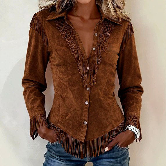 Faye - Women's Faux Suede Fringe Western Shirt